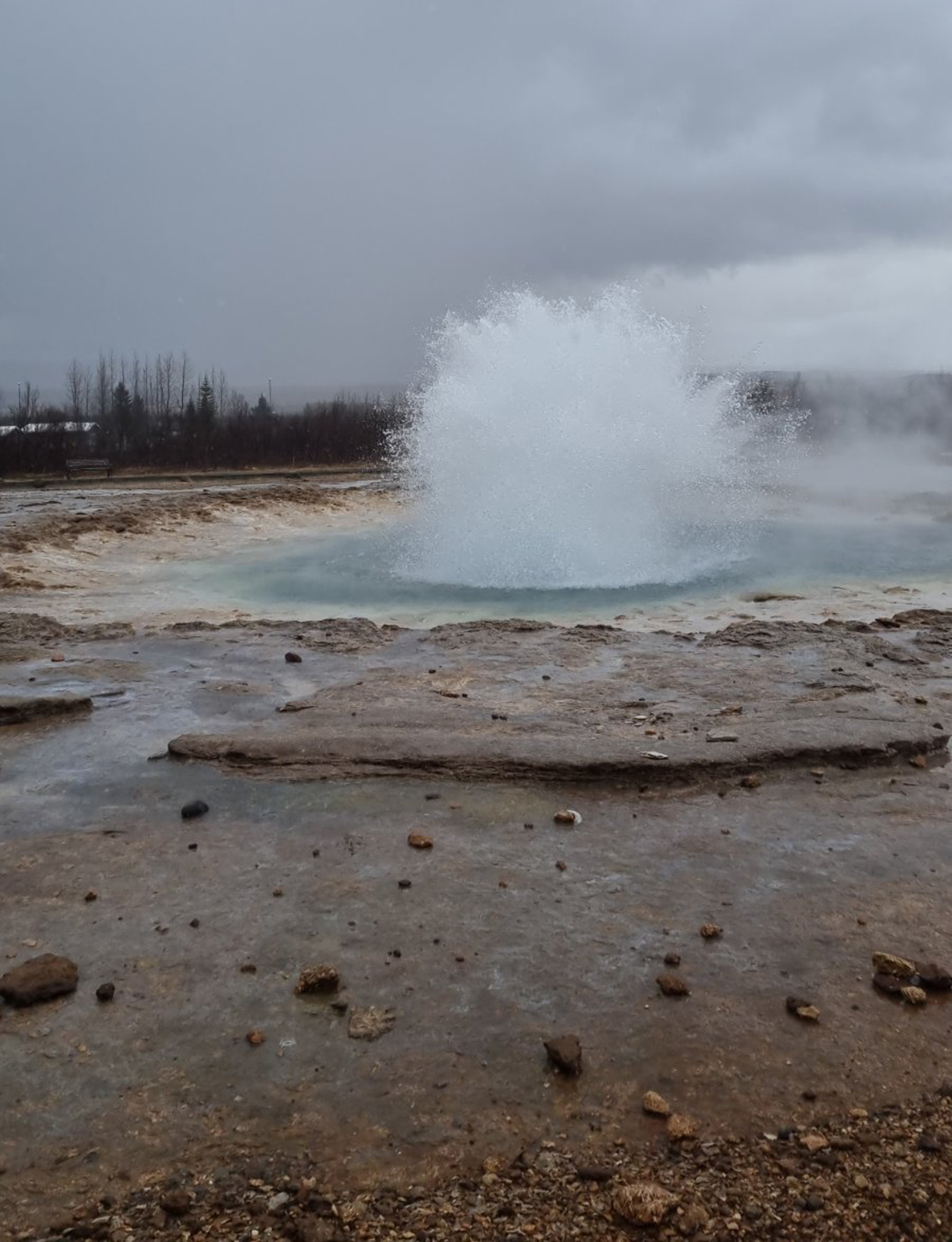 The Strokkur geyser erupting powerfully, shooting hot water into the air above a geothermal field.