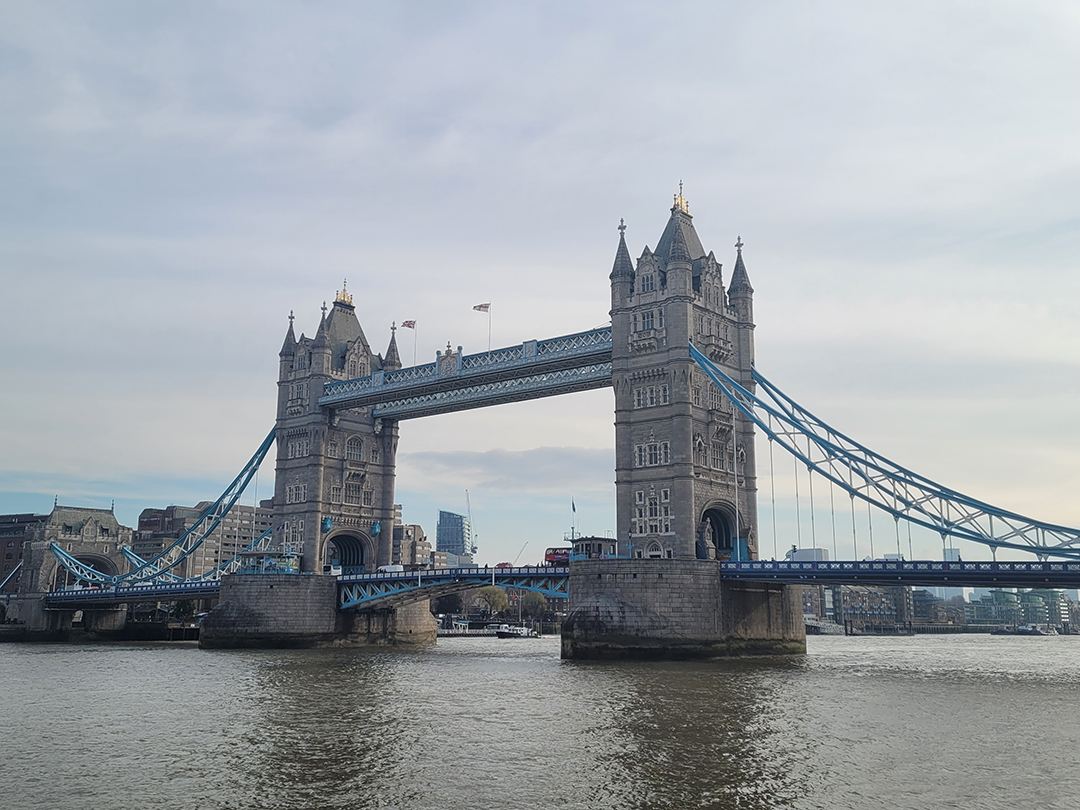 Tower Bridge stretching over the River Thames, one of London’s most recognizable landmarks.