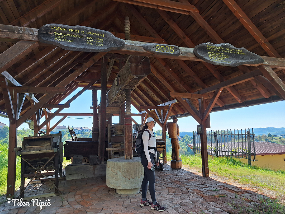 A rustic wooden rest stop along the Svečina Hills trail, surrounded by peaceful meadows and rural scenery.