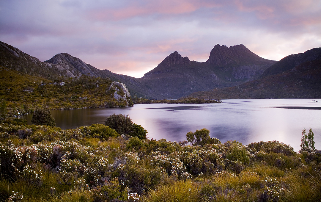 Lake and mountainous landscape of Tasmania in soft evening light.