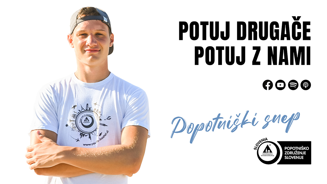 Promocijska grafika oddaje Popotniški snep z napisom Potuj drugače, potuj z nami in logotipi organizacije.